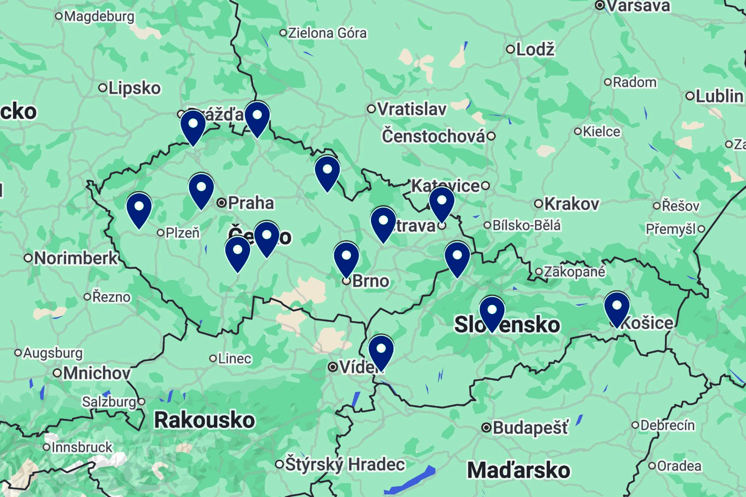 Strabag BMTI CZ+SK, přehled poboček napojených na online sběr spotřeby elektřiny a plynu