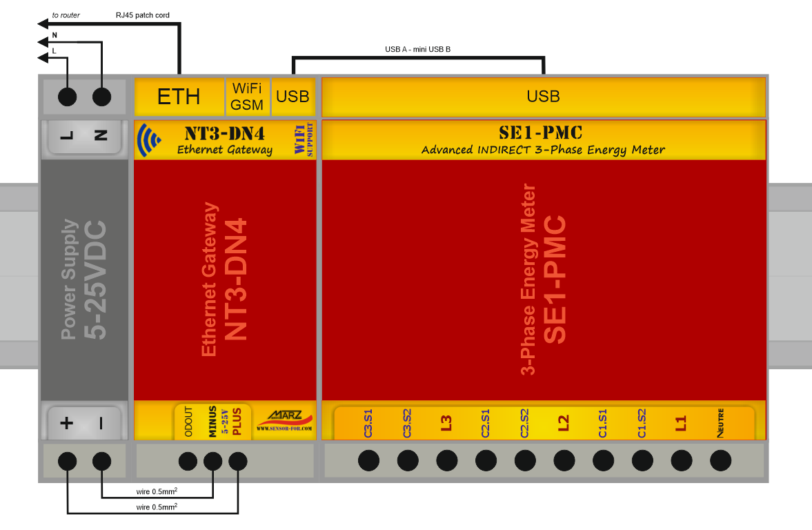 3-fázový elektroměr SE1-PMC, nepřímé parazitní měření